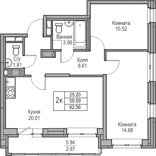 2-комнатная квартира с отделкой в ЖК Квартал Лаголово на 8 этаже в 9 секции. Сдача в 3 кв. 2025 г.