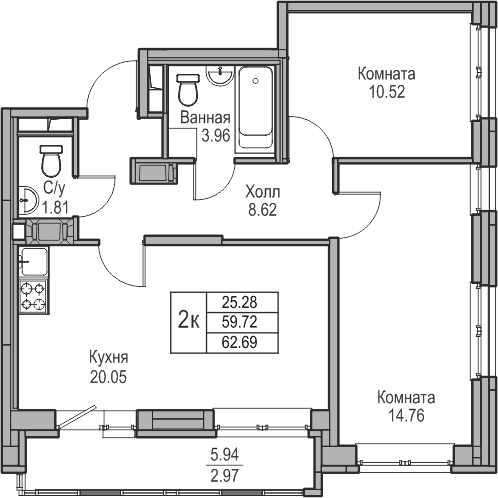 2-комнатная квартира с отделкой в ЖК Квартал Лаголово на 8 этаже в 6 секции. Сдача в 3 кв. 2025 г.