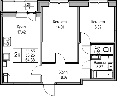 2-комнатная квартира с отделкой в ЖК GloraX Новоселье на 2 этаже в 1 секции. Сдача в 4 кв. 2025 г.