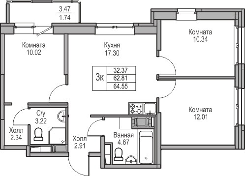 3-комнатная квартира с отделкой в ЖК Квартал Лаголово на 6 этаже в 6 секции. Сдача в 3 кв. 2025 г.