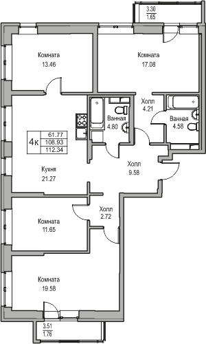 4-комнатная квартира с отделкой в ЖК Юнтолово на 2 этаже в 1 секции. Сдача в 2 кв. 2026 г.