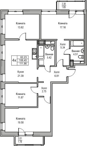 4-комнатная квартира с отделкой в ЖК Юнтолово на 8 этаже в 1 секции. Сдача в 2 кв. 2026 г.