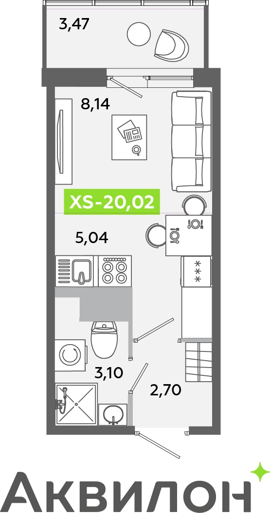 1-комнатная квартира (Студия) с отделкой в ЖК Аквилон ЯНИНО на 12 этаже в 1 секции. Сдача в 4 кв. 2026 г.