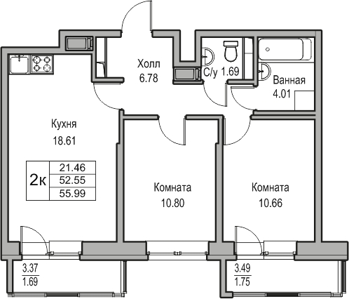 2-комнатная квартира с отделкой в ЖК Таллинский парк на 8 этаже в 4 секции. Сдача в 3 кв. 2025 г.