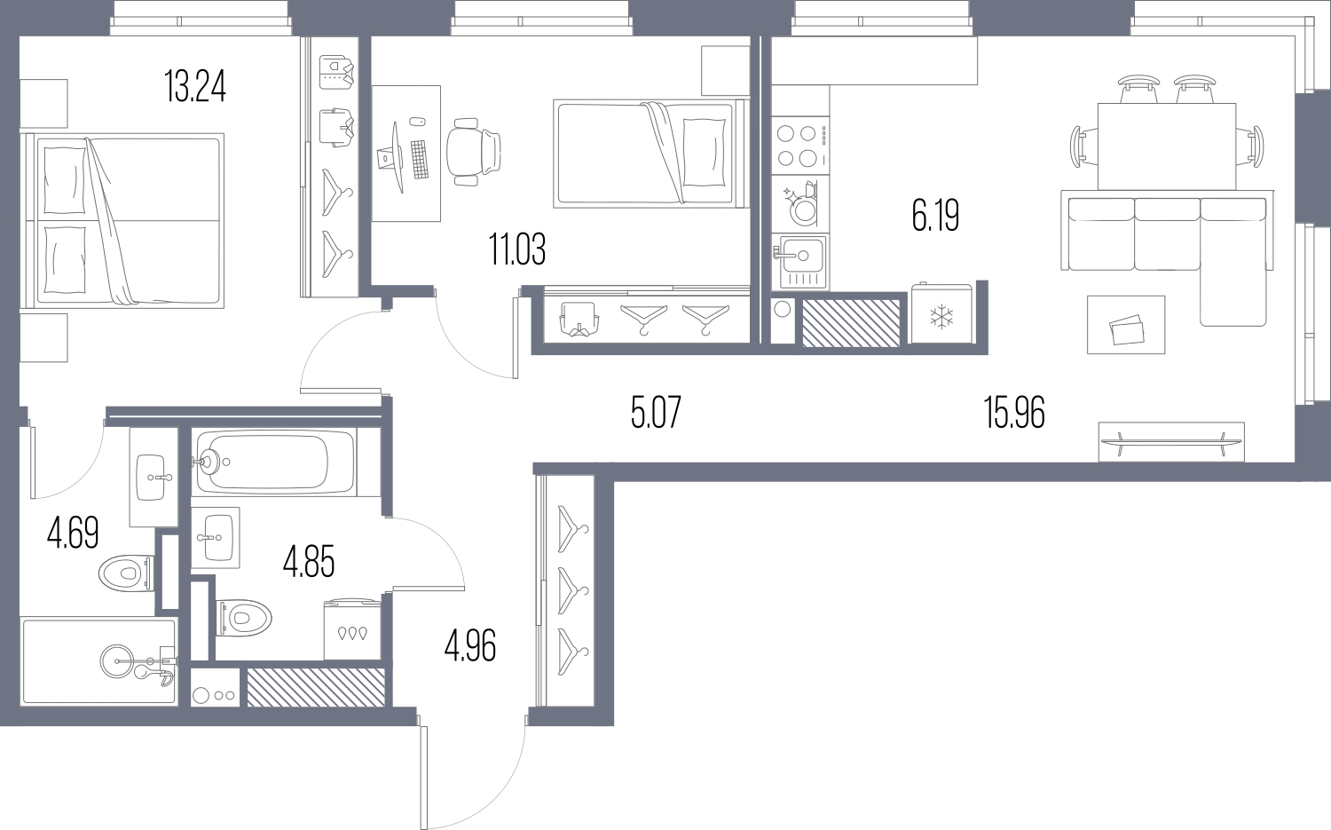 3-комнатная квартира с отделкой в ЖК GloraX Новоселье на 7 этаже в 1 секции. Сдача в 4 кв. 2025 г.
