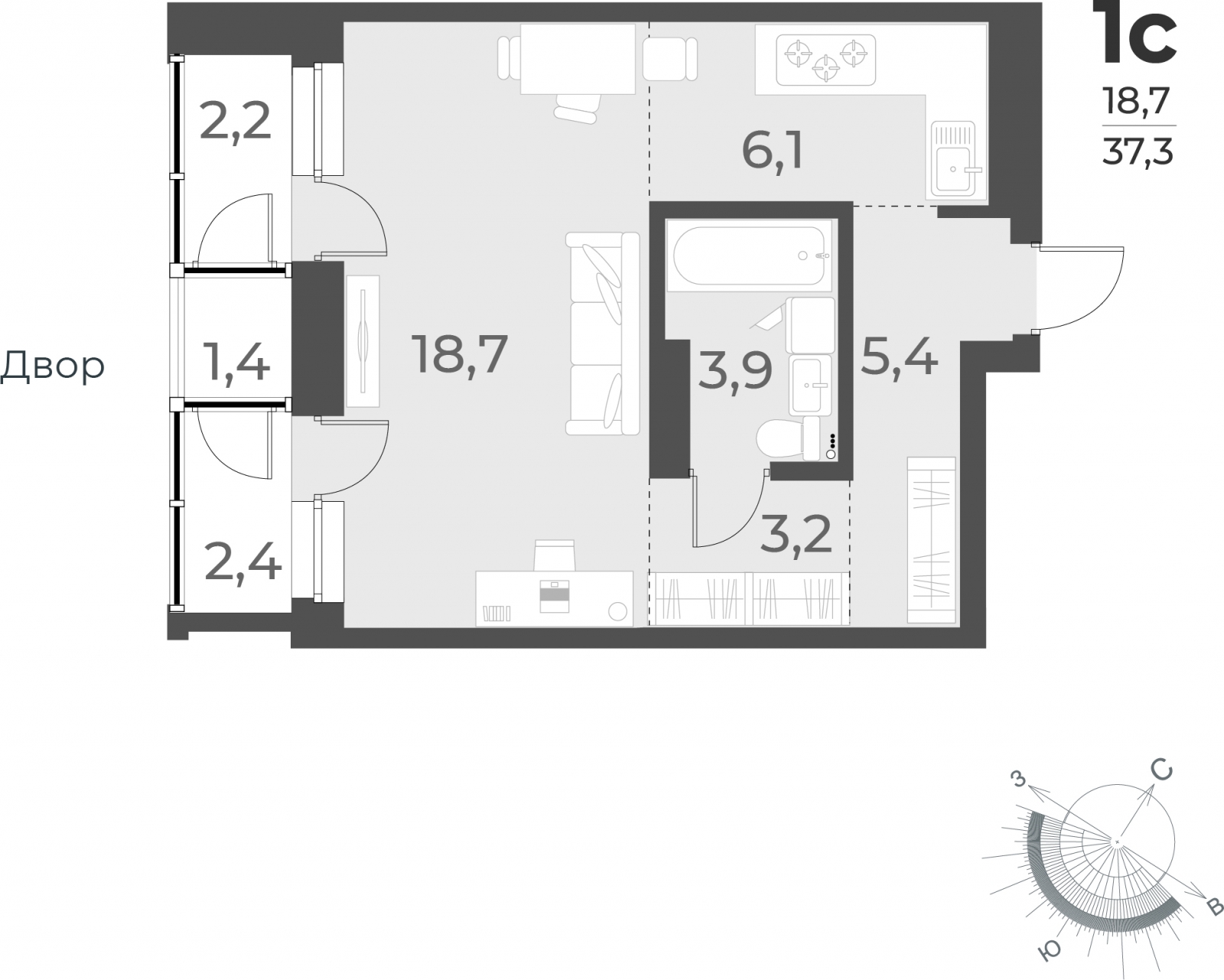 1-комнатная квартира (Студия) с отделкой в ЖК Аквилон ЯНИНО на 2 этаже в 1 секции. Сдача в 4 кв. 2026 г.