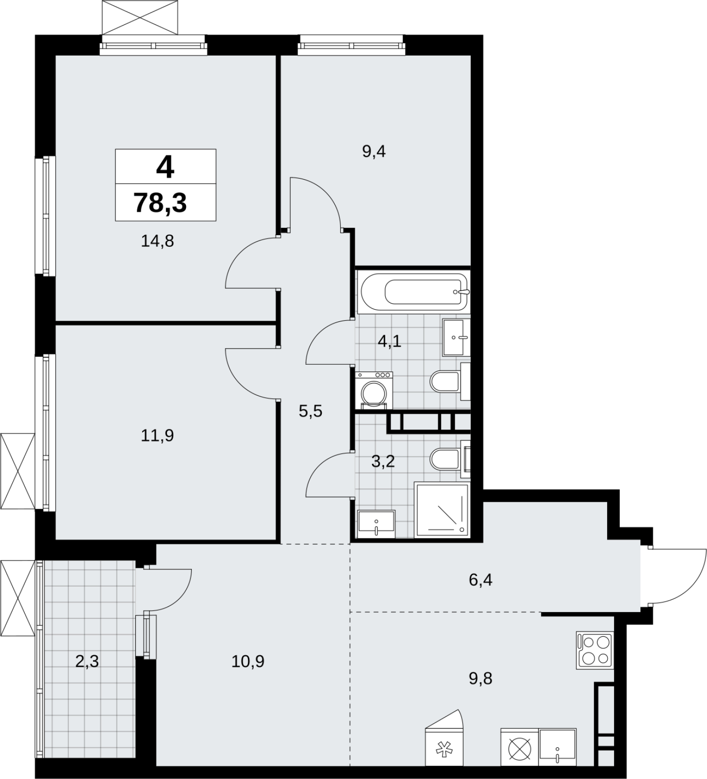 4-комнатная квартира в ЖК Headliner на 20 этаже в 2 секции. Сдача в 4 кв. 2022 г.
