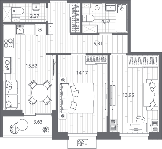 1-комнатная квартира с отделкой в ЖК Аквилон ЯНИНО на 2 этаже в 1 секции. Сдача в 4 кв. 2026 г.