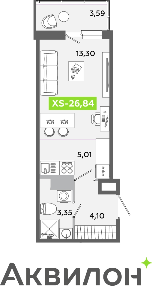 1-комнатная квартира (Студия) с отделкой в ЖК Аквилон ЯНИНО на 3 этаже в 1 секции. Сдача в 4 кв. 2026 г.