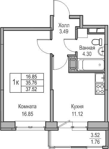 1-комнатная квартира (Студия) с отделкой в ЖК Янинский лес на 6 этаже в 2 секции. Сдача в 1 кв. 2026 г.