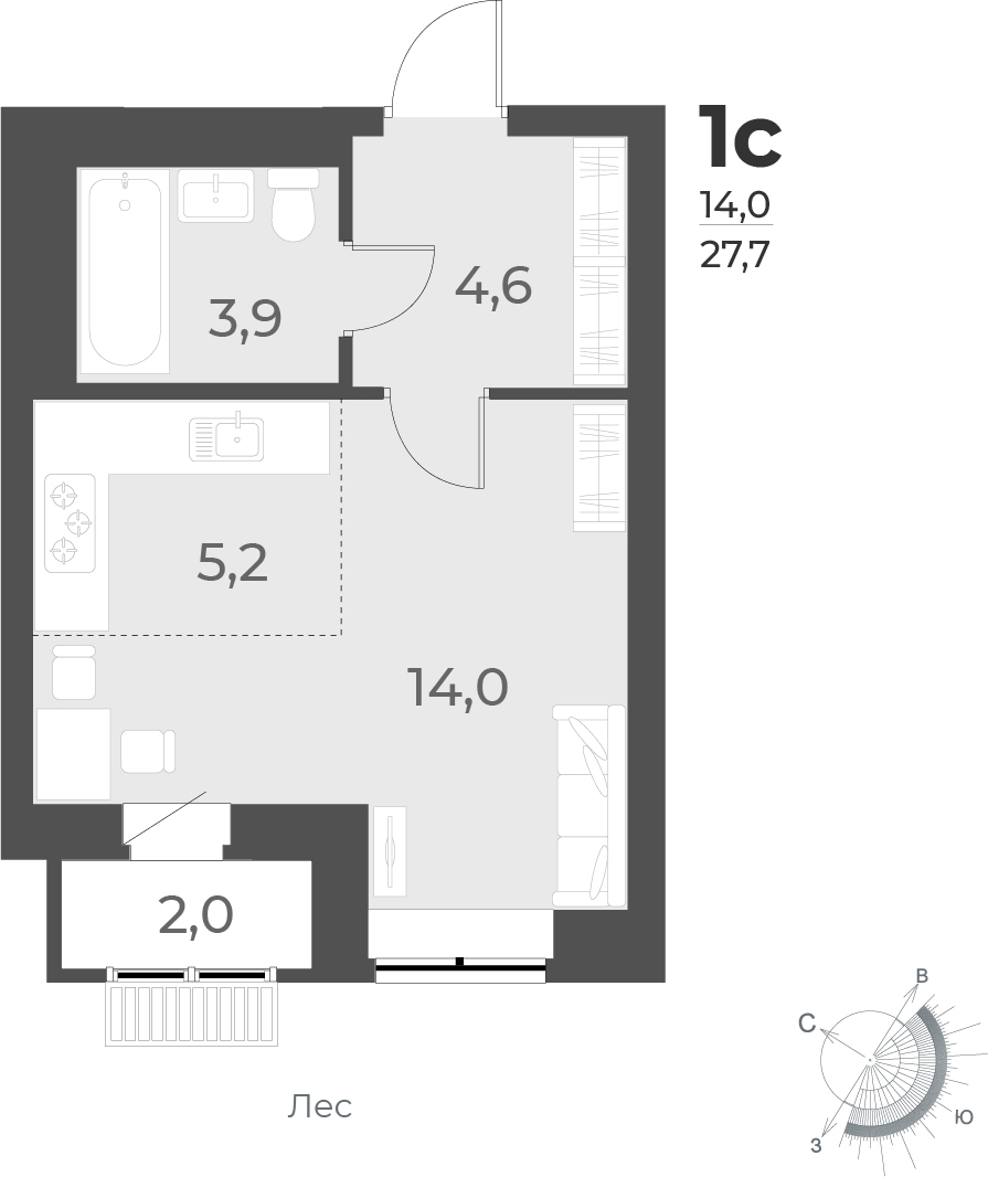 1-комнатная квартира (Студия) с отделкой в ЖК Янинский лес на 13 этаже в 1 секции. Сдача в 4 кв. 2024 г.