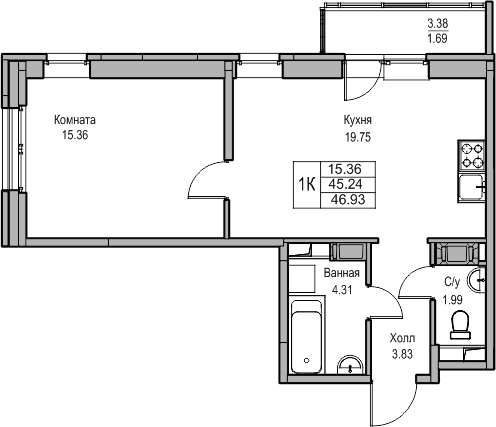 1-комнатная квартира (Студия) с отделкой в ЖК Юнтолово на 15 этаже в 1 секции. Сдача в 2 кв. 2026 г.