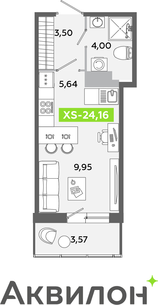1-комнатная квартира (Студия) с отделкой в ЖК Юнтолово на 18 этаже в 1 секции. Сдача в 2 кв. 2026 г.