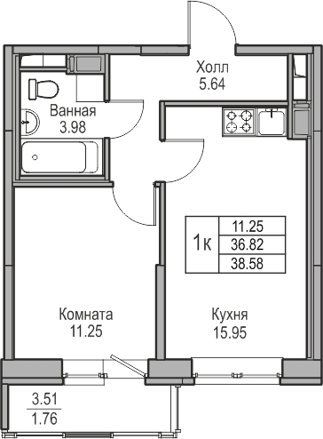 1-комнатная квартира (Студия) с отделкой в ЖК Юнтолово на 11 этаже в 1 секции. Сдача в 2 кв. 2026 г.