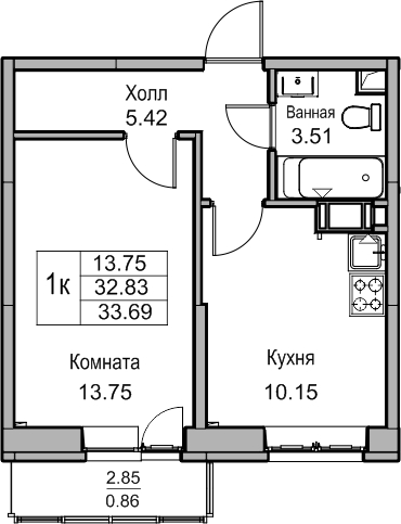 1-комнатная квартира с отделкой в ЖК Юнтолово на 4 этаже в 1 секции. Сдача в 2 кв. 2026 г.