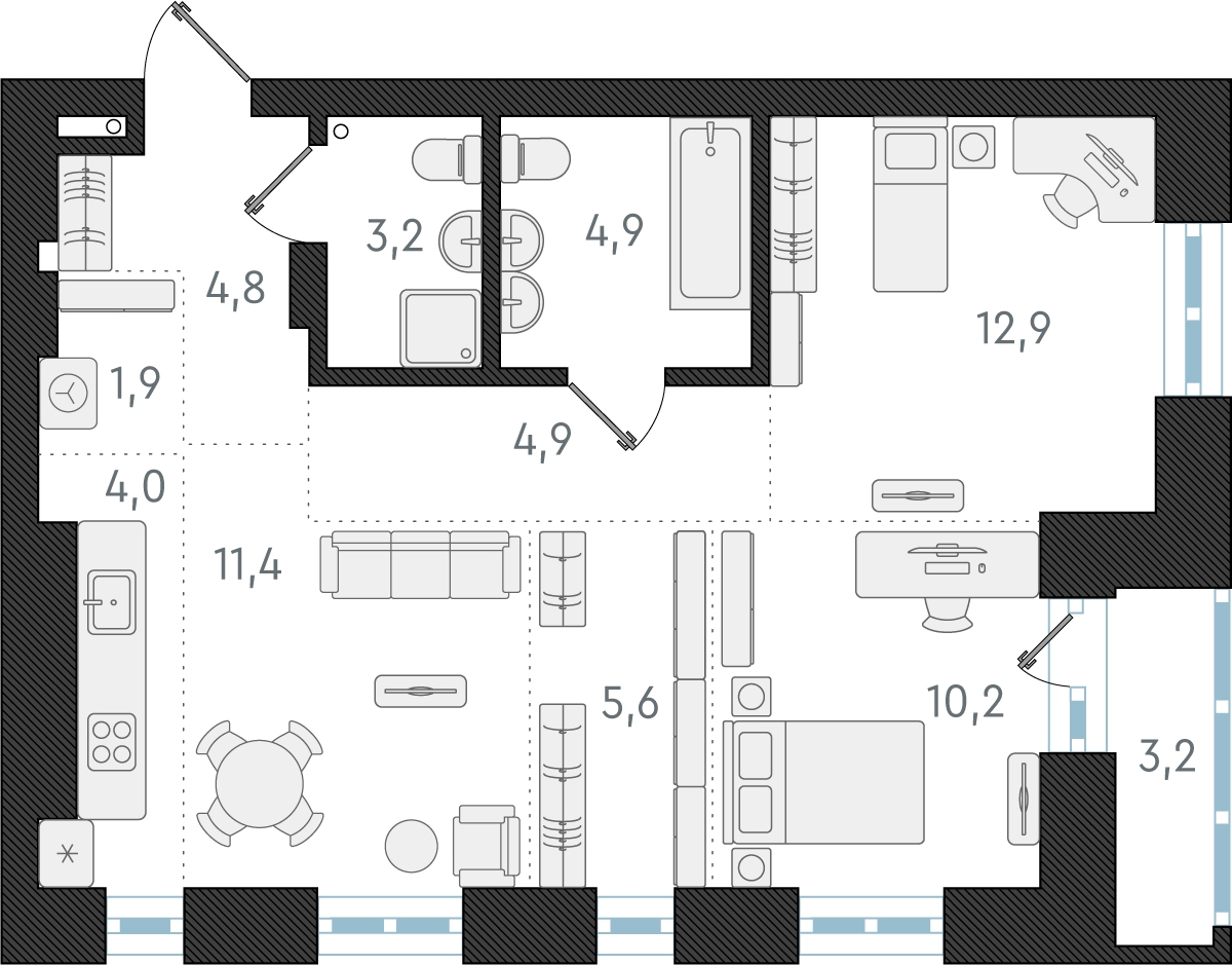3-комнатная квартира в ЖК Twelve на 15 этаже в 1 секции. Сдача в 1 кв. 2026 г.