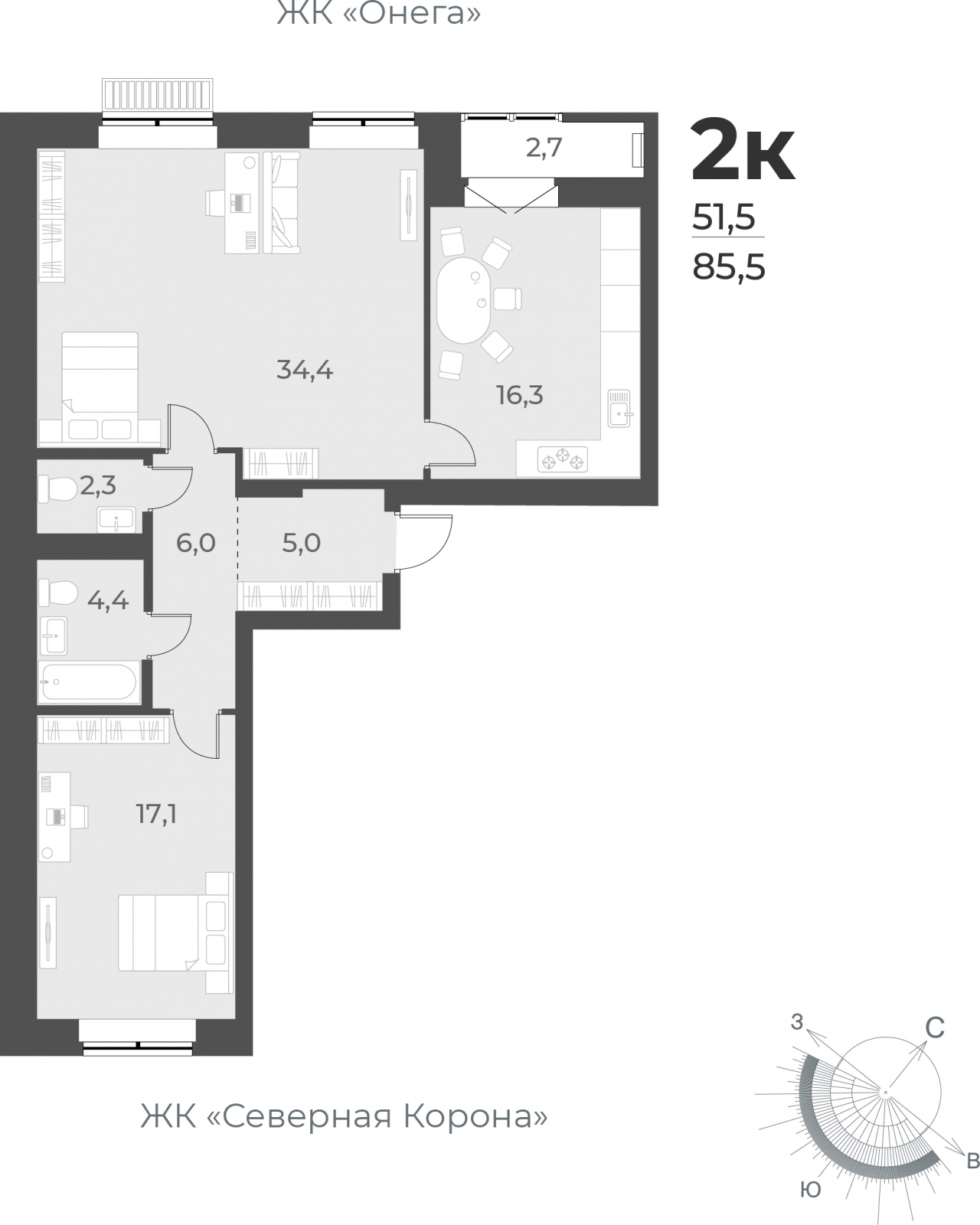 2-комнатная квартира с отделкой в ЖК Юнтолово на 9 этаже в 1 секции. Сдача в 2 кв. 2026 г.