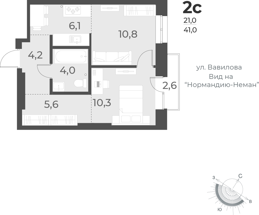 2-комнатная квартира в ЖК Twelve на 10 этаже в 1 секции. Сдача в 1 кв. 2026 г.