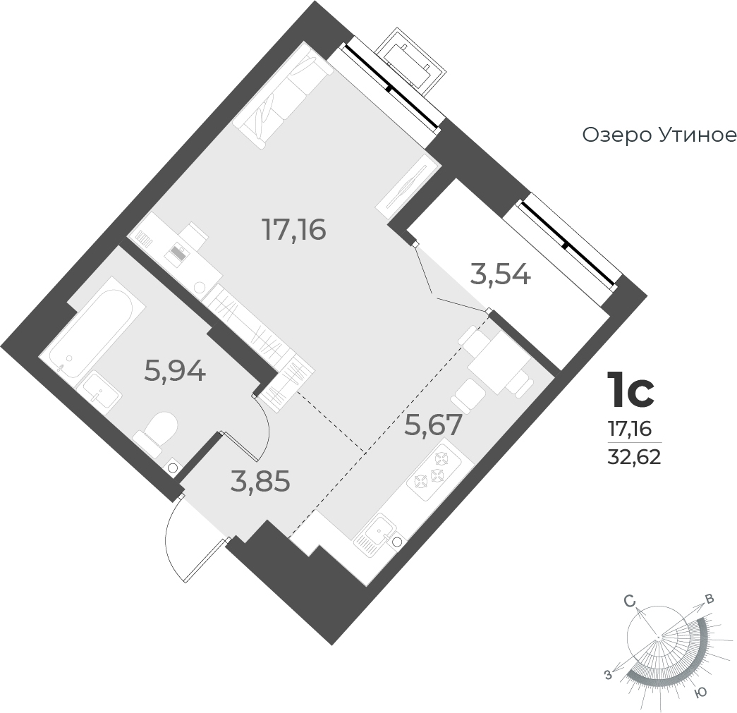 1-комнатная квартира с отделкой в ЖК Юнтолово на 18 этаже в 1 секции. Сдача в 2 кв. 2026 г.