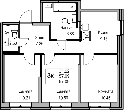 2-комнатная квартира с отделкой в ЖК Таллинский парк на 12 этаже в 3 секции. Сдача в 3 кв. 2025 г.