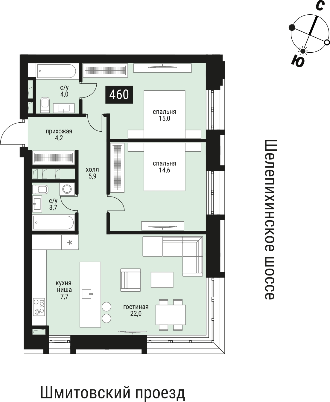 2-комнатная квартира с отделкой в ЖК Юнтолово на 12 этаже в 1 секции. Сдача в 2 кв. 2026 г.