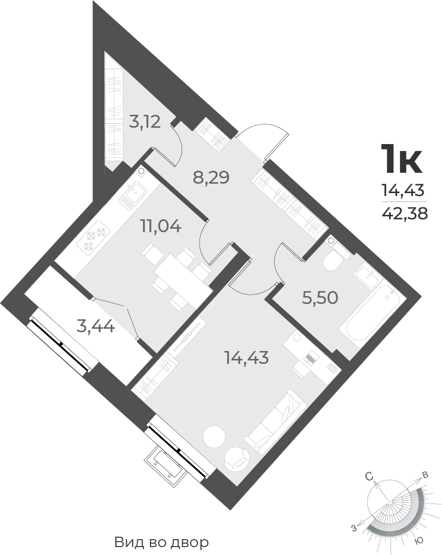 2-комнатная квартира с отделкой в ЖК Юнтолово на 3 этаже в 1 секции. Сдача в 2 кв. 2026 г.