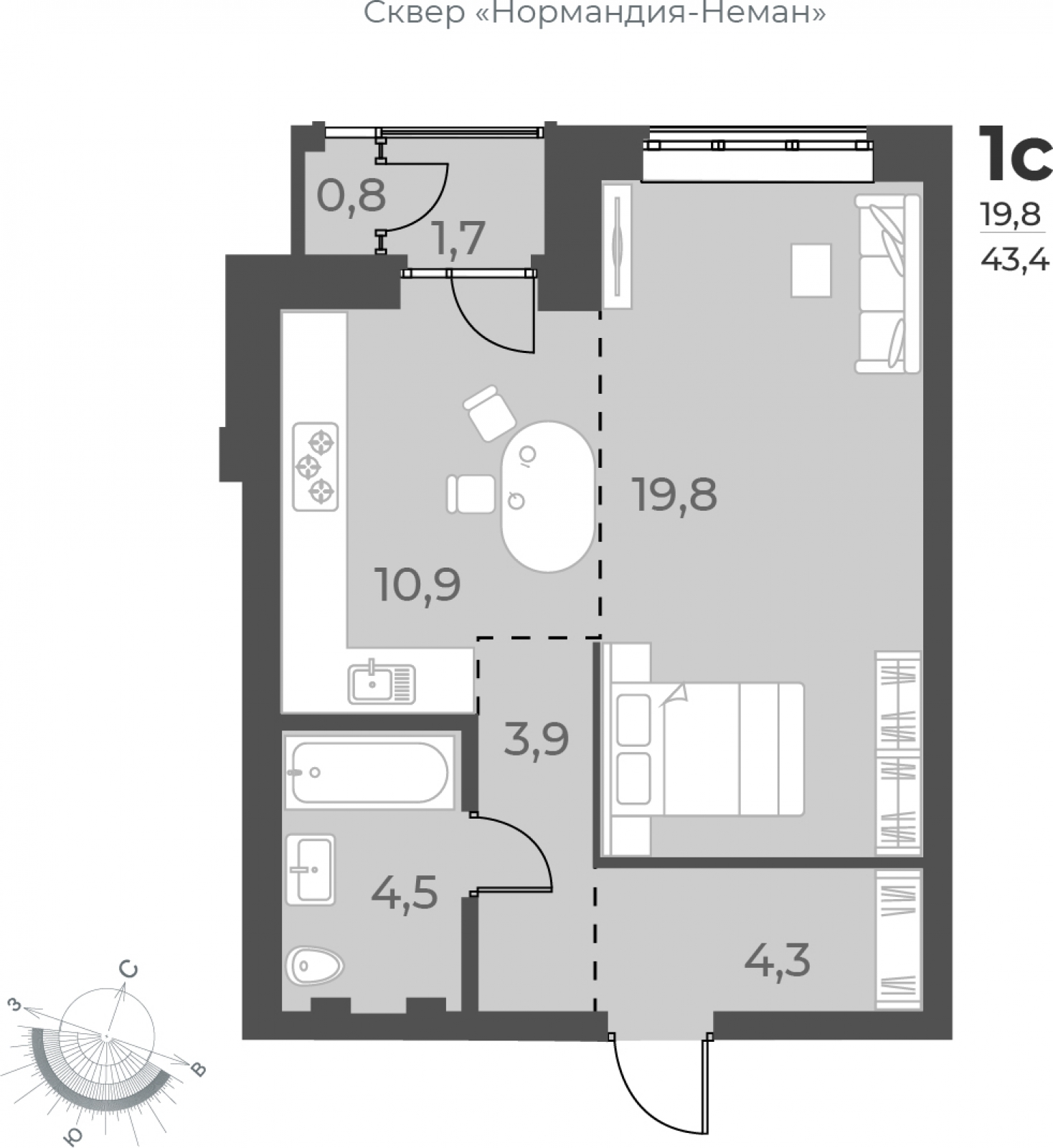 2-комнатная квартира с отделкой в ЖК Русское солнце на 9 этаже в 1 секции. Сдача в 3 кв. 2024 г.