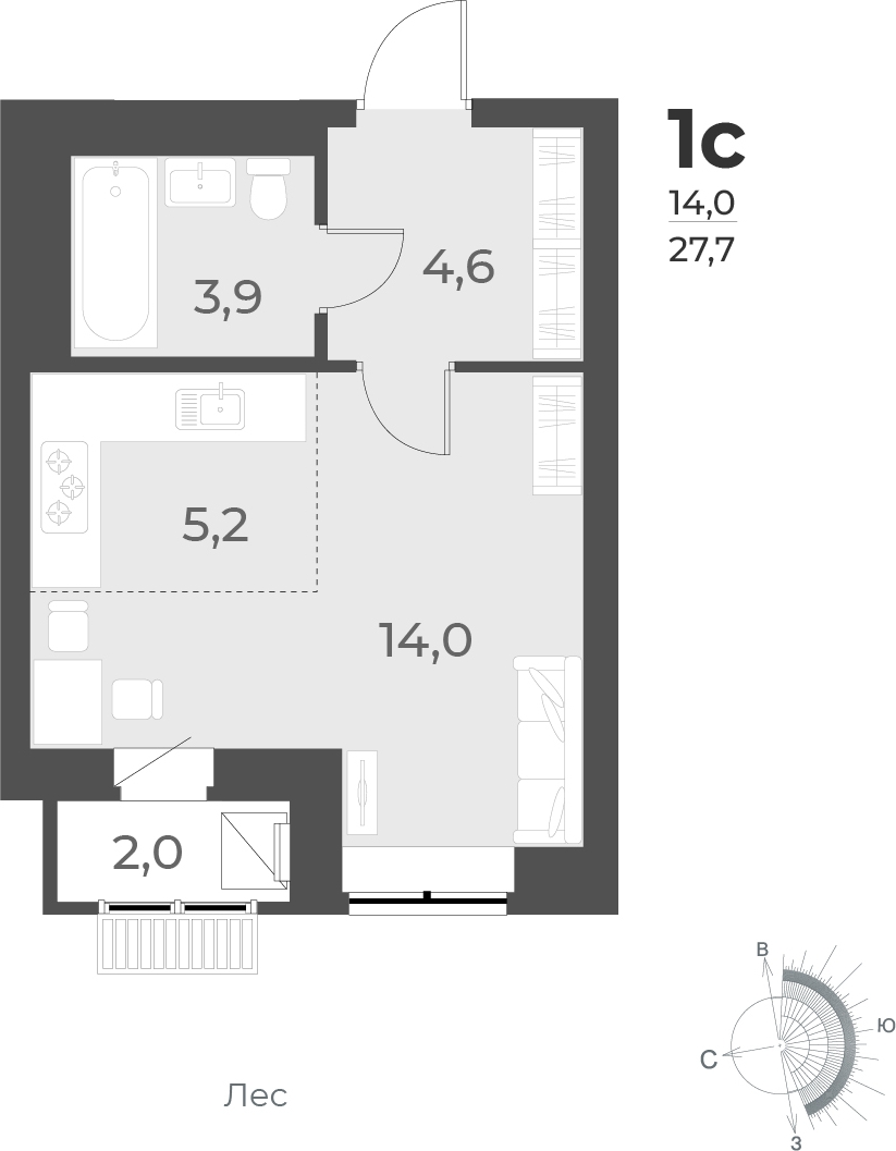 2-комнатная квартира с отделкой в ЖК Русское солнце на 2 этаже в 1 секции. Сдача в 4 кв. 2024 г.