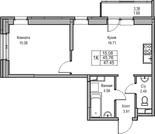 2-комнатная квартира в ЖК Дом на Прилукской на 6 этаже в 3 секции. Сдача в 1 кв. 2024 г.
