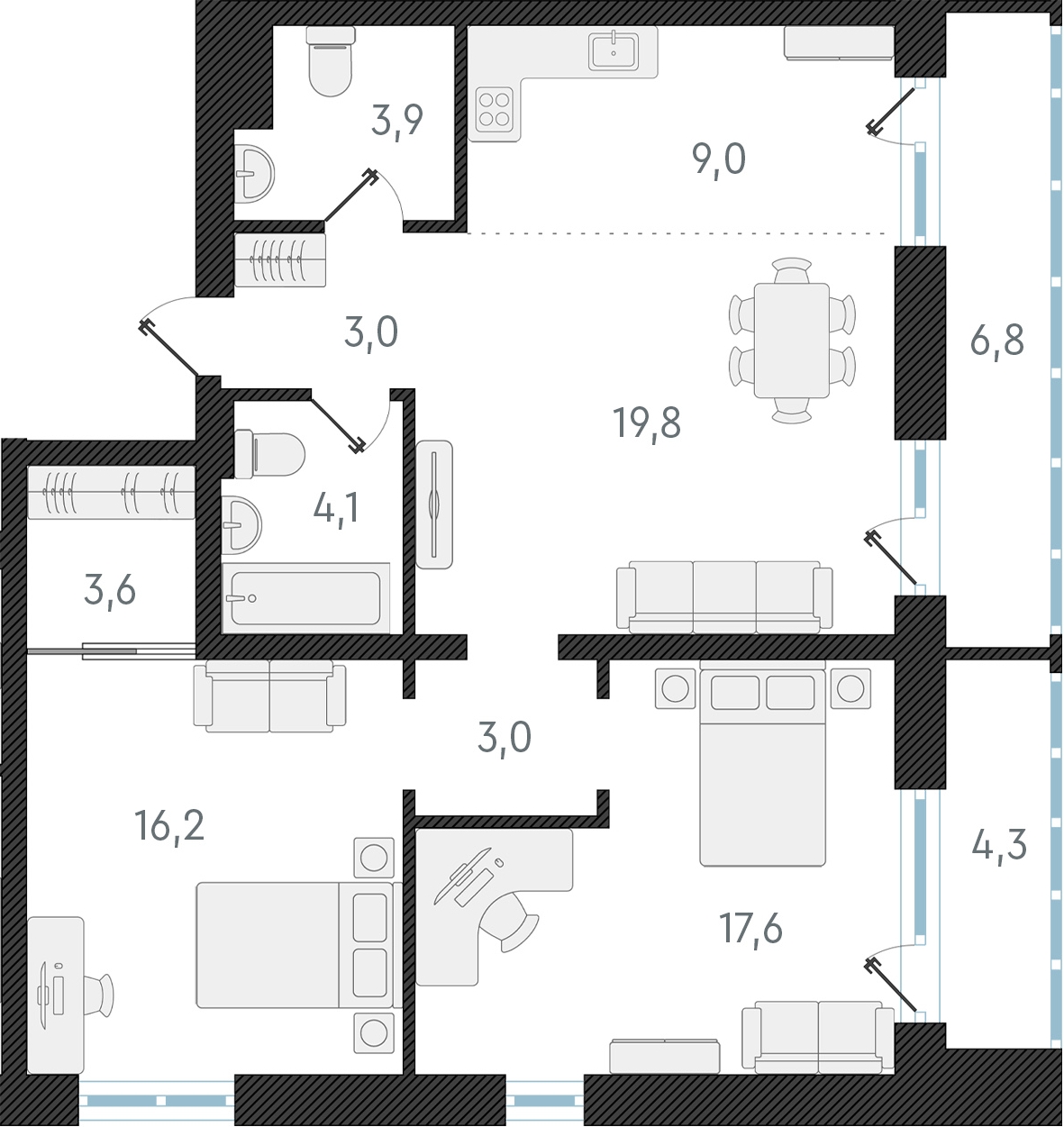 3-комнатная квартира с отделкой в ЖК Юнтолово на 15 этаже в 1 секции. Сдача в 2 кв. 2026 г.