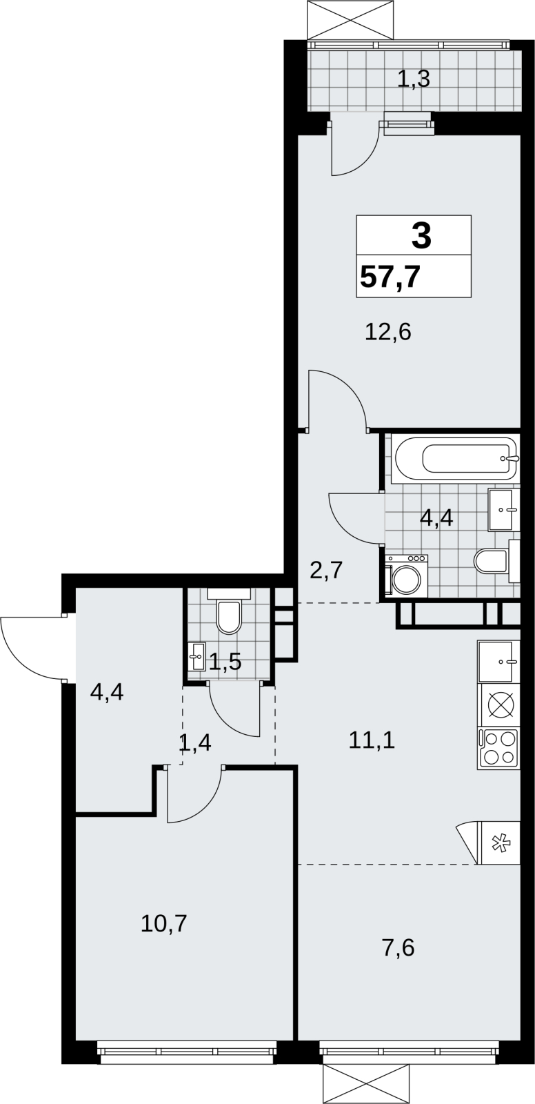 4-комнатная квартира в ЖК Скандинавия на 3 этаже в 1 секции. Сдача в 1 кв. 2026 г.