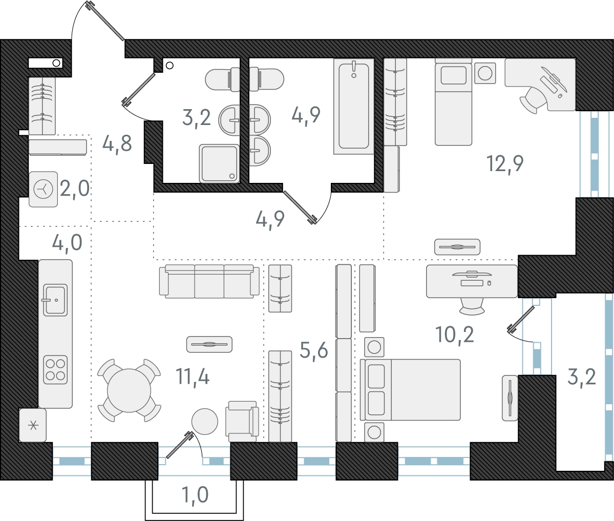 3-комнатная квартира с отделкой в ЖК Юнтолово на 4 этаже в 1 секции. Сдача в 2 кв. 2026 г.