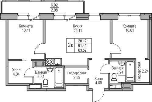 2-комнатная квартира с отделкой в ЖК Русское солнце на 3 этаже в 1 секции. Сдача в 4 кв. 2024 г.