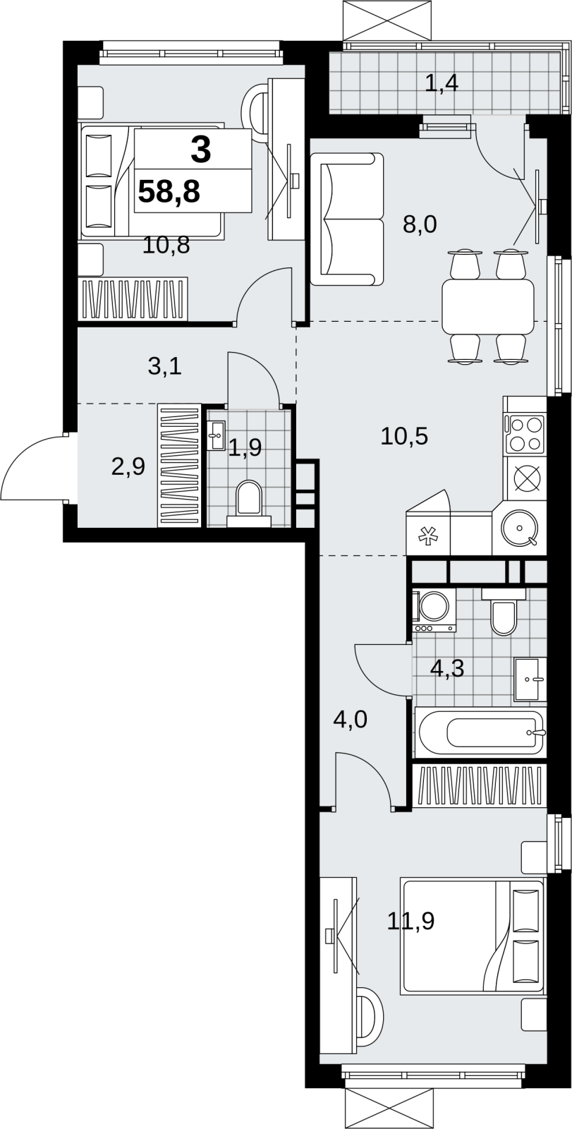 3-комнатная квартира с отделкой в ЖК Скандинавия на 14 этаже в 1 секции. Сдача в 1 кв. 2027 г.
