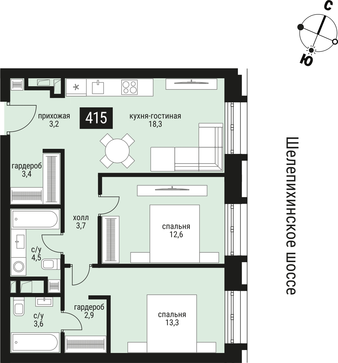 2-комнатная квартира с отделкой в ЖК Юнтолово на 21 этаже в 1 секции. Сдача в 2 кв. 2026 г.