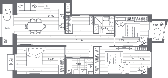 4-комнатная квартира с отделкой в ЖК Юнтолово на 13 этаже в 1 секции. Сдача в 2 кв. 2026 г.