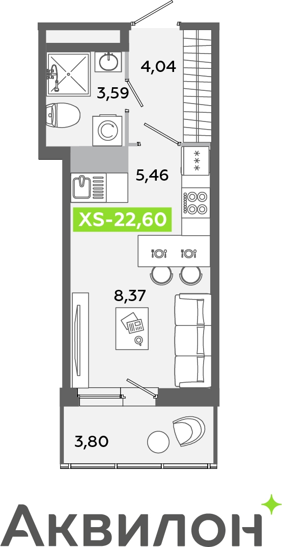 1-комнатная квартира (Студия) с отделкой в ЖК Аквилон ЯНИНО на 5 этаже в 1 секции. Сдача в 4 кв. 2026 г.
