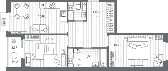 4-комнатная квартира с отделкой в ЖК Юнтолово на 6 этаже в 1 секции. Сдача в 2 кв. 2026 г.