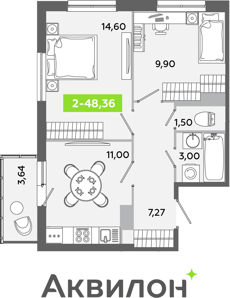 2-комнатная квартира с отделкой в ЖК Русское солнце на 13 этаже в 1 секции. Сдача в 4 кв. 2024 г.