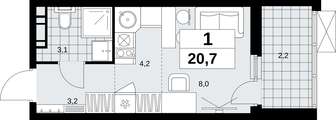 1-комнатная квартира (Студия) с отделкой в ЖК Скандинавия на 14 этаже в 2 секции. Сдача в 1 кв. 2027 г.