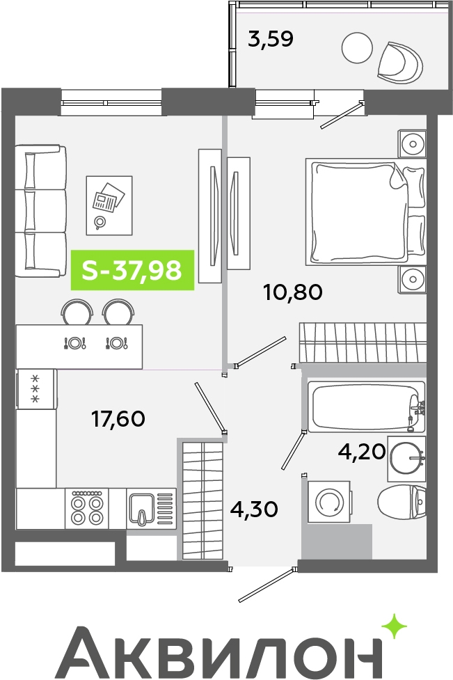 1-комнатная квартира с отделкой в ЖК Новая Ливадия на 16 этаже в 1 секции. Сдача в 1 кв. 2026 г.