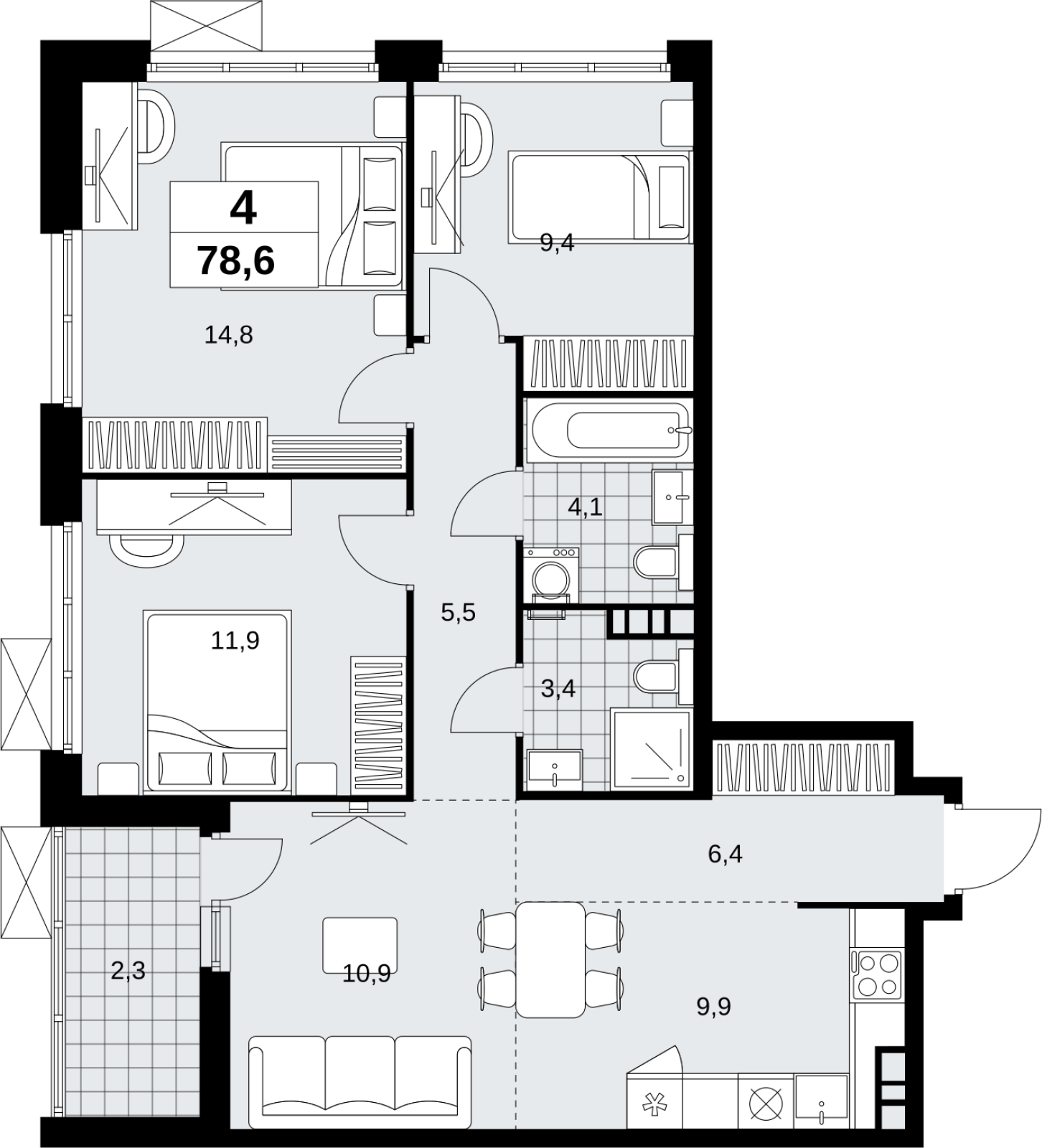 3-комнатная квартира в ЖК Скандинавия на 6 этаже в 2 секции. Сдача в 4 кв. 2026 г.