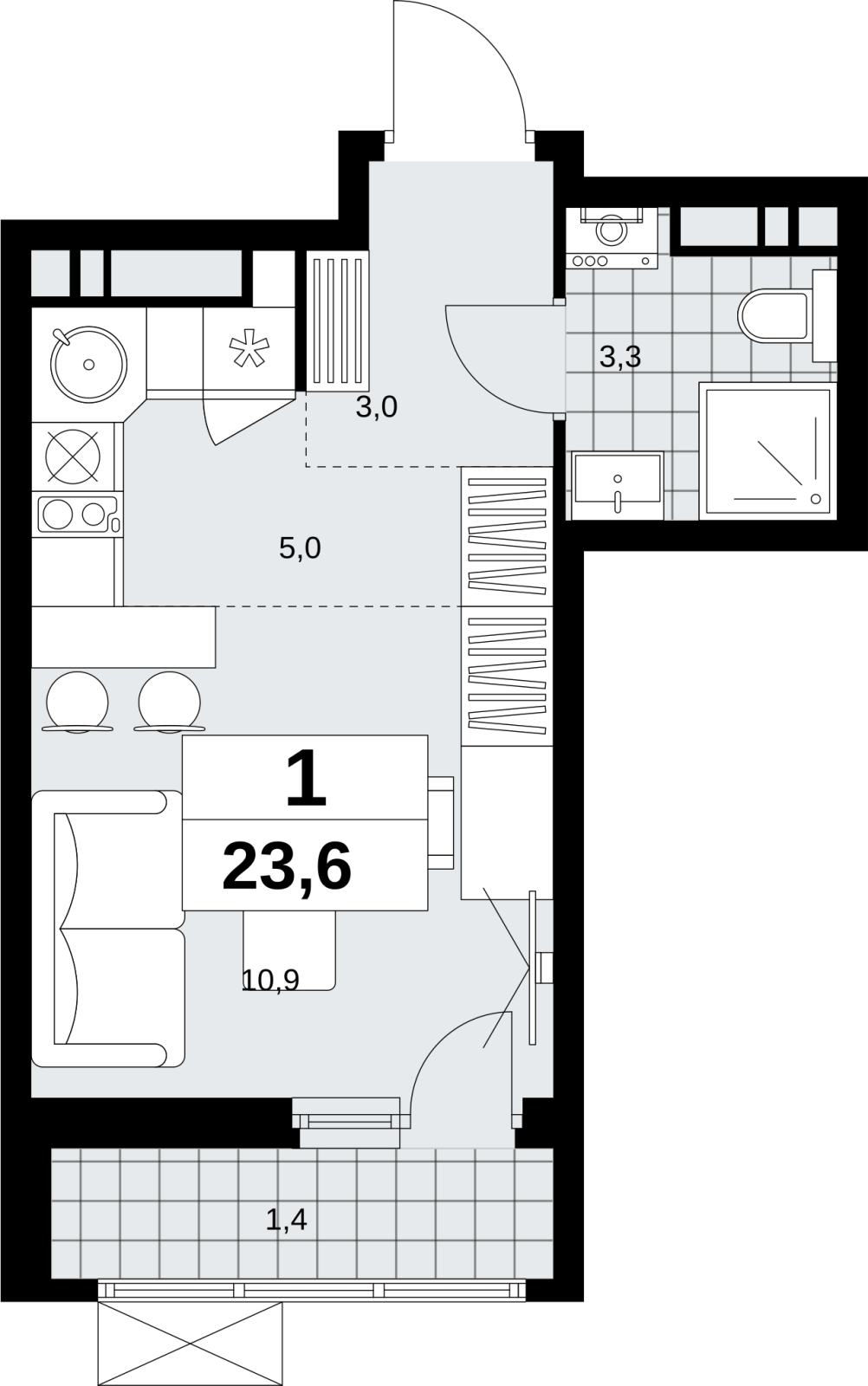 1-комнатная квартира (Студия) в ЖК Скандинавия на 3 этаже в 2 секции. Сдача в 4 кв. 2026 г.