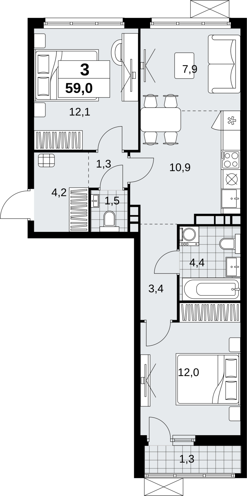 2-комнатная квартира в ЖК Скандинавия на 7 этаже в 1 секции. Сдача в 4 кв. 2026 г.