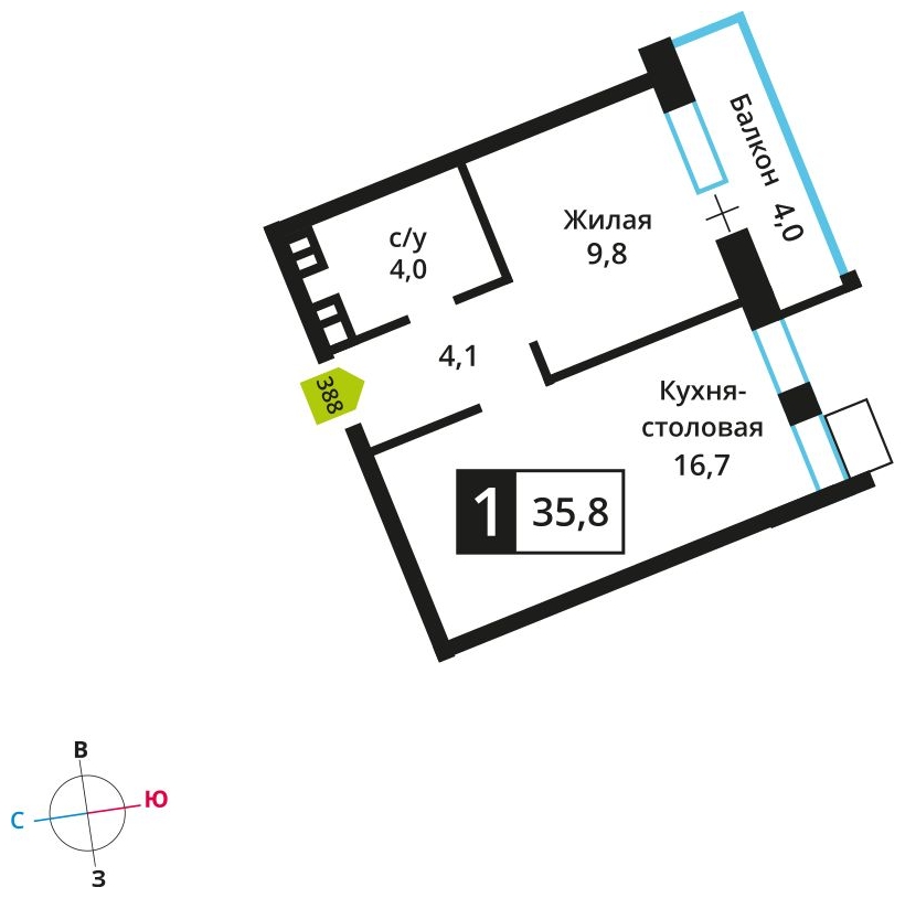 2-комнатная квартира в ЖК Скандинавия на 2 этаже в 2 секции. Сдача в 4 кв. 2026 г.