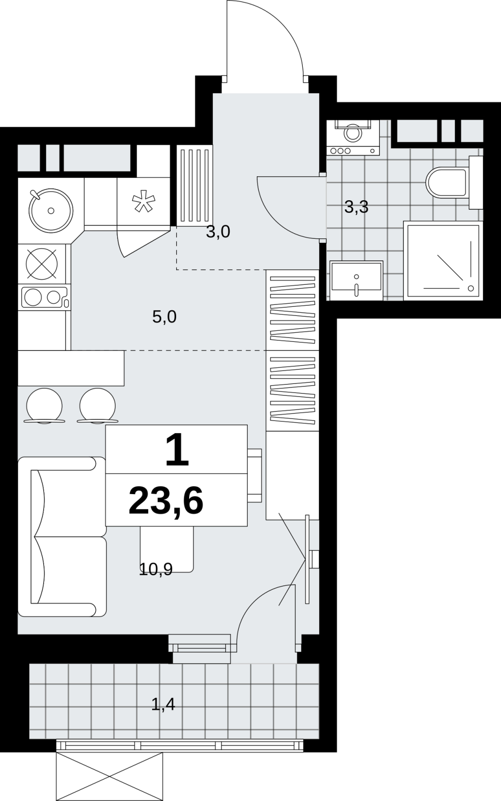 1-комнатная квартира (Студия) в ЖК Скандинавия на 9 этаже в 1 секции. Сдача в 4 кв. 2026 г.