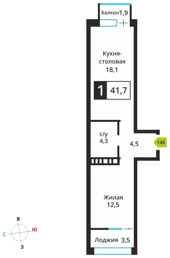 1-комнатная квартира в ЖК Скандинавия на 9 этаже в 2 секции. Сдача в 4 кв. 2026 г.