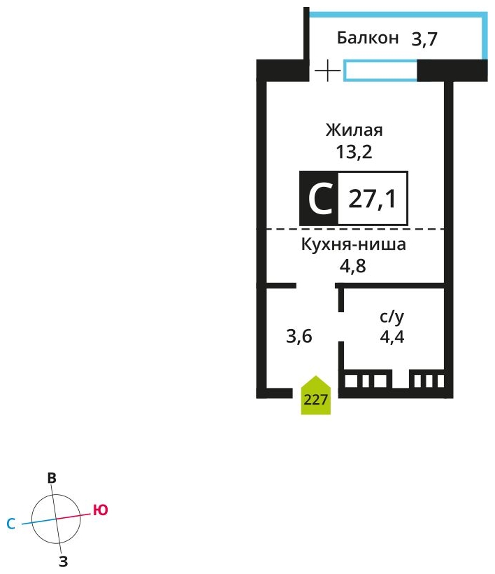 1-комнатная квартира (Студия) в ЖК Отрада на 10 этаже в 4 секции. Сдача в 2 кв. 2023 г.