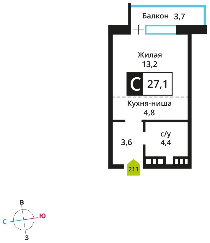 1-комнатная квартира (Студия) в ЖК Скандинавия на 8 этаже в 2 секции. Сдача в 4 кв. 2026 г.