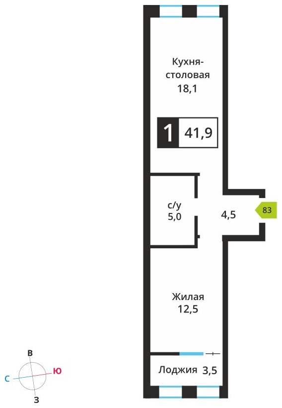 1-комнатная квартира в ЖК Отрада на 2 этаже в 3 секции. Сдача в 2 кв. 2023 г.